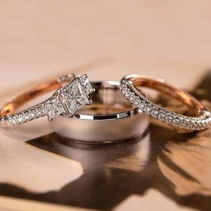 Lindos 3pcs/set mulheres anéis de casamento Mosaic dois tom de jóias de moda de moda de noivado feminino de alta qualidade