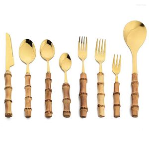 Dinnerware Sets JANKNG Wooden Handle 304 Stainless Steel Mirror Natural Wood Dinner Knife Fork Tableware Kitchen Rice Spoon Cutlery