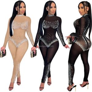 Designer Rhinestone Diamonds Jumpsuits Women Long Sleeve Bodycon Rompers Sexy See Through Mesh Jumpsuits Party Night Club Wear Wholesale Clothing