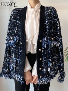 Kvinnors blandningar UCXQ Vintage Tassels Burrs Patchwork Contrast Color V Neck Single Breasted Tweed Jacket Autumn 2023 Casual Loose Coat 23A2383 231102