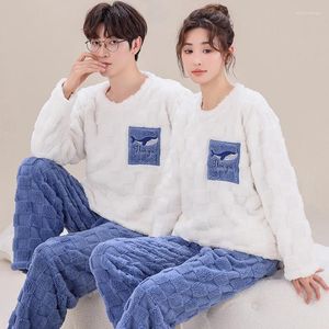 Men's Sleepwear Couples Nightgown Thick Coral Fleece Tops Pants 2pcs Animal Cartoon Pajamas Women Flannel Home Service Lovers Homewear