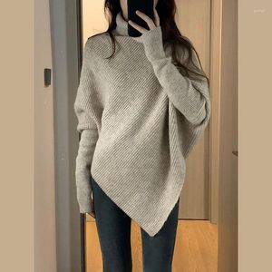 Camisolas masculinas de inverno gola alta mulheres coreano irregular camisola de malha feminina quente cor sólida pullovers senhora casual solto manga longa