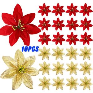 Flores decorativas 10/1 pçs artificial seda de natal vermelho rosa cabeças flor enfeites de árvore de natal falso casa navidad ano decoração