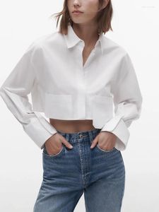 Women's Blouses Women Shirts 2023 High Street Fashion Long Sleeve Shirt Top Lapel Collar Concealed Button Up Loose Cropped With Pockets