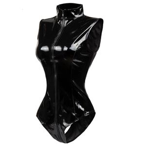 Kadın Tulumları Tulumlar Est siyah kasık fermuar kolsuz seksi spandeks kurşunlu deri lateks catsuit pvc tulum kadınlar Kısa Pu Bodysuit Clubwear 230331