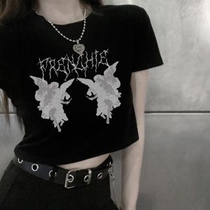 Magliette da donna Estate Y2K Crop Top Donna Vintage Kawaii Dark Angel Stampa T-shirt Harajuku Punk gotico Moda femminile Maglietta coreana