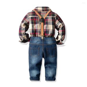 Conjuntos de roupas 2-9 anos meninos ternos para festa de aniversário formal crianças crianças camisa xadrez e jeans conjunto bebê algodão