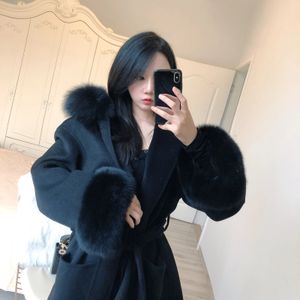 Women's Wool Blends 2023 Real Fur Coat Winter Jacket Women 100 Natural Collar Cuffs Cashmere Oversize 231102