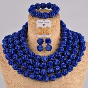 Halsbandörhängen Set Royal Blue 4 Rows Simulated Pearl African Beads Jewelry