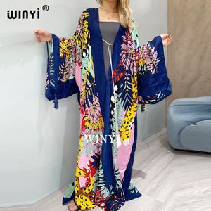 Damen Bademode WINYI Cotton Bikini Sweet Lady Pink Boho Print Self Belted Front Open Long Kimono Dress Beach Tunic Women Wrap Dresses 230403