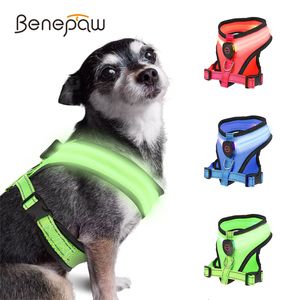 Dog Collars Leashes Benepaw LED Light Harness USB Rechargeable Reflective Adjustable Mesh Soft Padded Pet Vest for Small Medium s 230403