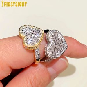 Band Rings 2023 Rectangle CZ Heart Ring Silver Color Iced Out Bling 5A Cubic Zircon Micro Paved Finger Hip Hop Punk Men Women Jewelry 231102