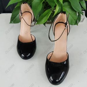 Olomm New Fashion Women Pumps Patent Leather Ankle Strap Stileetto Heels Round Toe Pretty Black Shoes Ladies Us Us Plus Size 5-20