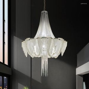 Chandeliers Nordic Postmodern Luxury Aluminum Chain Fringe Chandelier Villa El Club Restaurant Living Room