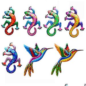 Garden Decorations Iron Gecko Wall Art Ornaments Home Decoration Simation Realistic Metal Hummingbird Lizard Scu Dhjet