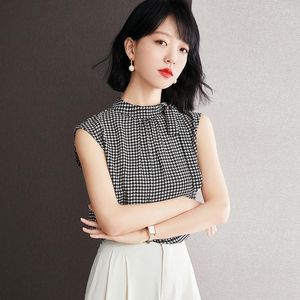 Women's Blouses Chiffon Shirt For Women Summer 2023 In Retro Casual Thousand Birds Plaid Loose Sleeveless Fashionable Top Bow O-Neck