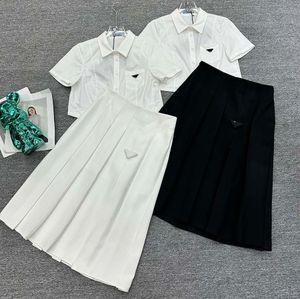 Designer Two Piece Dress Woman Fashion Long Skirt Short Shirt Set Summer Casual Commute Suit Women Elegant Pleated Skirts Sets With Belt