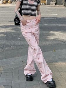 女子ジーンズサマーコットンベアプリントY2Kウーマンズボンボタンジッパーポケットカジュアルな女性ズボンファッションスリムな若い女性パンツ