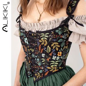 Camisoles Tankks Floral Print Vintage Corset Women Lace Up Buister Crop Top Neeless Bandage Tank Sexy Chest Binder Camisole Mujer 230403