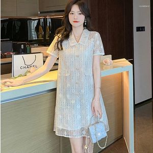 Sukienki imprezowe koronkowe kołnierz z krótkim rękawem sukienka Summer Summer Korean Style Lose elegancka moda Elegancka, swobodna pusta, prosta midi