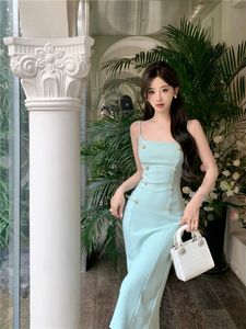 Women's spaghetti strap double breasted slim waist solid color midi long dress SML