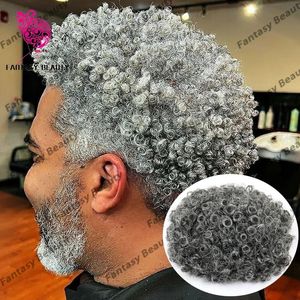 Afo Homens Peruca Cinzento Encaracolado Cabelo Humano Perucas Substituição Prótese Capilar Vlooped Base de Pele Fina Linha Fina Natural 15mm Encaracolado