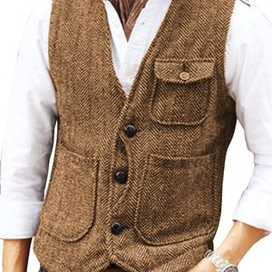 Men's Vests Brown Herringbone Wool Tweed V Neck Single Breasted Retro Tooling Male Gentleman Business Waistcoat For Wedding 230331