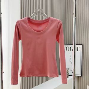 L Designer-T-Shirt für Damen, lange Oberteile, Größe M, T-Shirts mit großem Ausschnitt, Faden-T-Shirts, schmal, elastisch, passendes Basis-Shirt, Frühling, Herbst, neue reine Farbe, lange Ärmel, freiliegendes Schlüsselbein