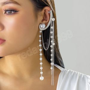 Einteilige elegante Hochzeit lange Quaste Ohrringe Mode Mädchen weiße Perle Perlen Ohrclips für Frauen Schmuck Ohr Manschette