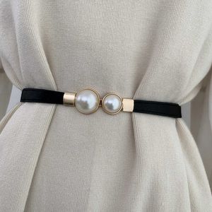 Belts Luxury Women's Belt Creative Pearl Double Buckle Pathwork Elastic Waist Girdle Elegant Dress Belts Female Clothing Accessories Z0404