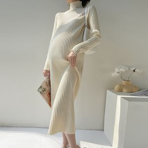 Moderskapsklänningar gravida kvinnor som bär turltenck Långt tjock stickad moderskap Lång tröja Löst klänning 230404