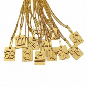 Naszyjniki projektanty łańcuchy dla mężczyzn kobiety dwanaście konstelacji Rune złoto kolor kwadratowy wisiorek Pierwszy list inicjały