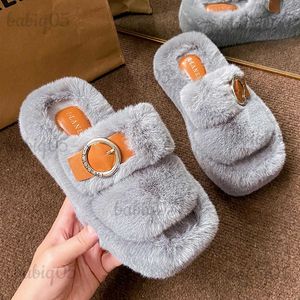 Inverno Fluffy Home 2023 Nuove pantofole di pelliccia calde per le donne Piattaforma piatta Accogliente Fuzzy Casa Scarpe da interno Coreano Presentazioni aziende produttrici giochi T231104