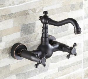 Torneiras de cozinha Preto Óleo Esfregado Bronze Wall Mount Wet Bar Banheiro Navio Pia Torneira Dupla Cruz Handle Atf011