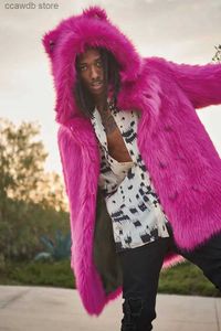 Men's Fur Faux Fur Men Pink Faux Fur Coat Korean Style Long Sleeve Loose Fluffy Warm Hooded Overcoat Male Cute Streetwear Jacket Plus Size S-4XL T231104