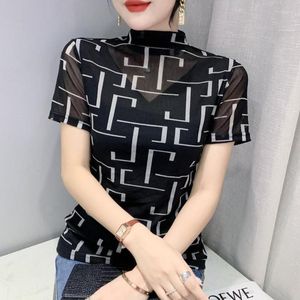 Women's T Shirts #7916 Black Mesh Shirt Women Half High Collar Perspective Womens Tshirt Thin Korean Style Kort ärm T-shirt Femme Summer