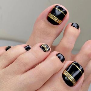 Unghie Finte 24 Pz/scatola Unghie Finte Francesi Nere Con Linea Oro Design Glitter Argento Indossabile Press On Toe Summer Sexy Manicure ToolsFalse