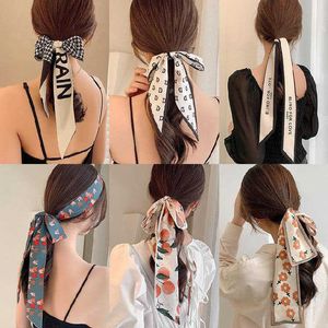Sarongs Women Bow Hair Satin Ribbon Bands Fashion Hair Silk Scarf Vintage Long Hair Ties Girls Ponytail Headband Hair Ornament P230323