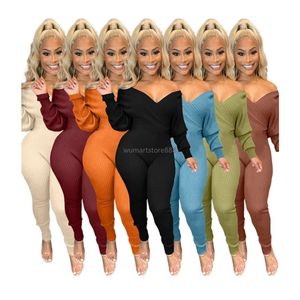 Designer Knitted Ribbed Jumpsuits Fall Winter Women Long Sleeve Rompers Sexy V Neck Knitting Jumpsuits Casual Ripped Overalls Knit Jumpers Wholesale Clothes