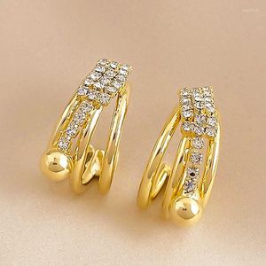 Stud Earrings Metal Jewelry Rhinestones Three Layer Stitching C Shape Women Fashion Gold Plated Close Set