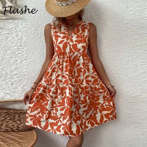 Casual Dresses Elegant Summer Women Plant Print V Neck Ruffle Hem Boho Sleeveless Loose Beach Holiday Mini för 230404