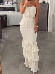 Casual Dresse Fashion Bandeau Shirred Ruffle Hem Layed Dress 230403