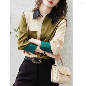 Kvinnor BLOUSES SPRING Women Office Work Wear Satin Shirts Långärmad blockfärg Eleganta toppar