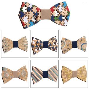 Bow Ties 2024 Men Birthday Gift Wooden Bowtie Cravat Elastic Band Necktie Wedding Party Cartoon Flower Engrave Carved Puzzle Wood Tie