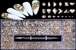 Nagelkonstsatser 1000PCSBOX Mixed AB Glass Crystal Diamond med 1 pick up penna i rutnät 21 Form och flatback Rhinestone Set1524215