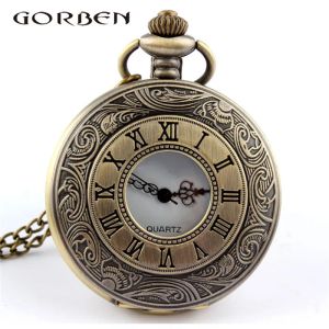 Classical Antique Roman Numerals Pocket Watch Empty Circle Surface Quartz Pocket Watch with Chain Hollow Out Unisex Watches