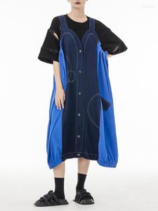 Casual Dresses Denim Splice Vest Dress for Women Pleated Contrast Pocket 2023 Summer Female Sleeveless Patchwork Vestido H062