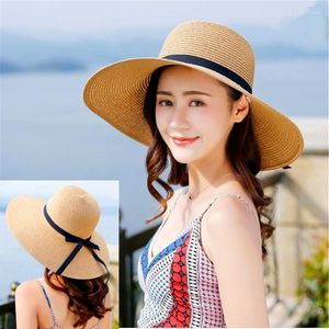 Chapéus largos de ventos de verão Hat Hat Women Dobrável Sol ao ar livre Large Fashion Street Snap Beach Straw Chapeau Bowknot UV Protection Scot22