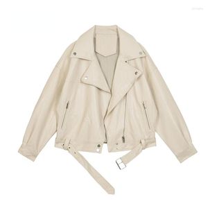 Women's Leather Spring Women Pu Motorcycle Jacket Female With Belt Solid Color Jackets Ladys Loose Casual Jaqueta Feminina