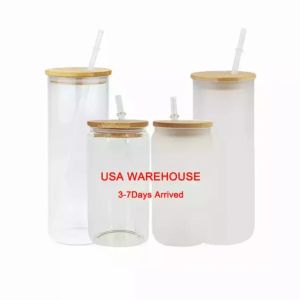 Estoque dos EUA 16 onças em branco de vidro de sublimação com tampa de bambu lata de cerveja fosca copo de borosilicato copo de vidro caneca com canudo de plástico 50 peças / ctn